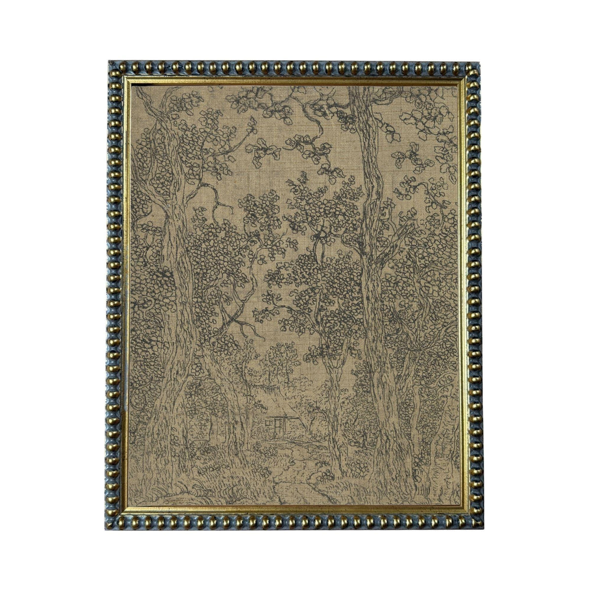 The image is a framed artwork depicting a forest scene with trees and foliage.