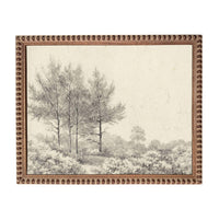 A black and white landscape painting depicting a serene scene of trees and foliage in a natural setting.