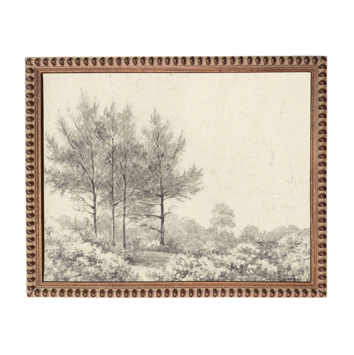 A black and white landscape painting depicting a serene scene of trees and foliage in a natural setting.