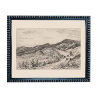 A black and white etching of a mountainous landscape with a person walking along a path, surrounded by vegetation.