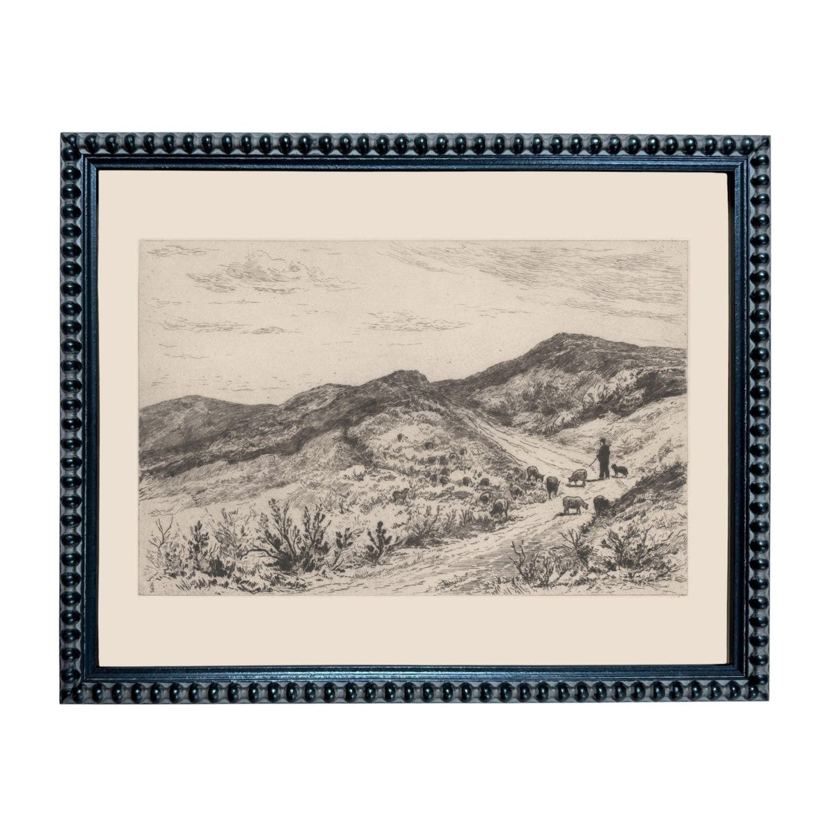 A black and white etching of a mountainous landscape with a person walking along a path, surrounded by vegetation.