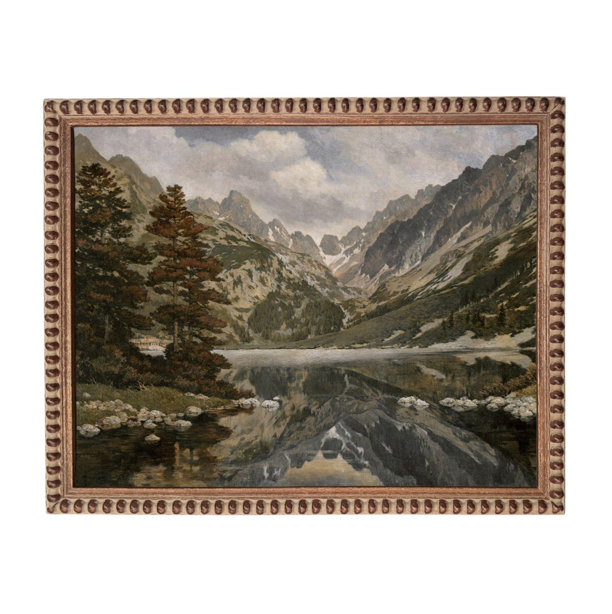 The image is a painting of a serene mountain landscape with a lake in the foreground. The painting features a reflection of the mountains and trees in the lake, creating a sense of depth and tranquility. The painting is framed with a decorative border, adding an elegant touch to the overall composition.