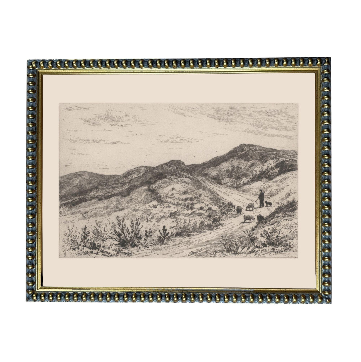 A black and white etching of a mountainous landscape with a person walking along a path, surrounded by vegetation.