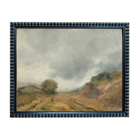 The image is a painting of a rural landscape with a dirt road, trees, and a cloudy sky.