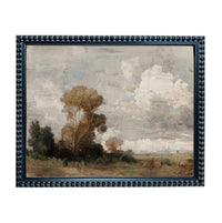 The image is a framed painting depicting a serene landscape with trees, grass, and clouds in the sky.