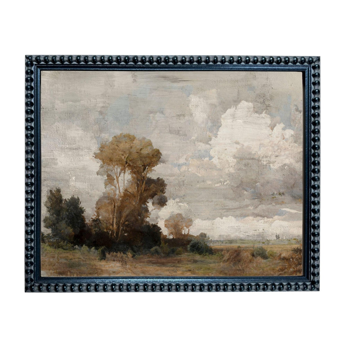 The image is a framed painting depicting a serene landscape with trees, grass, and clouds in the sky.