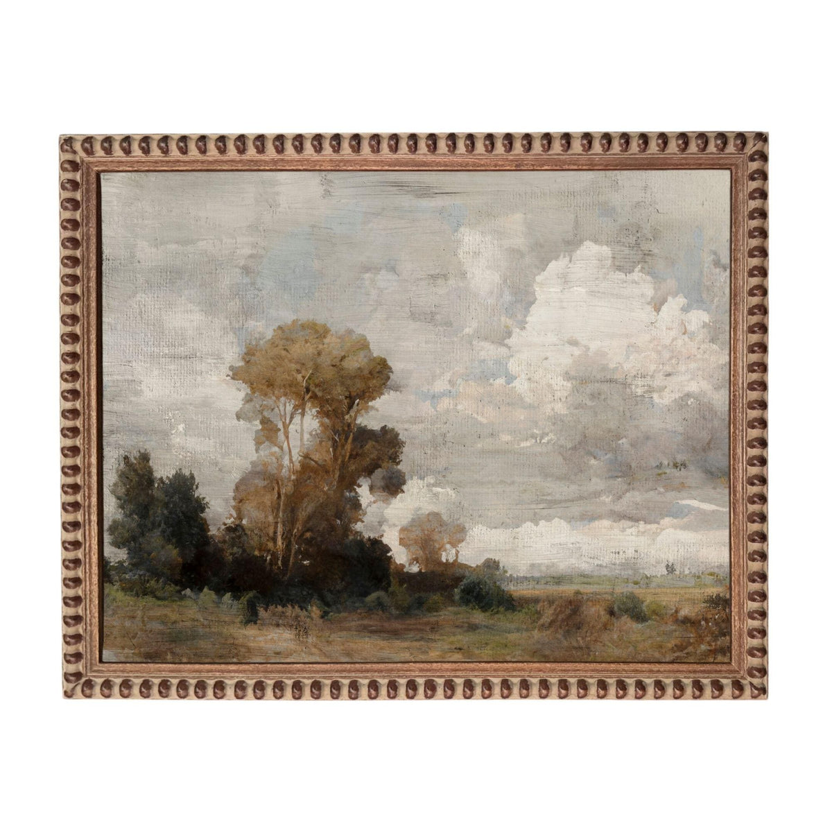 The image is a painting of a landscape with trees, grass, and clouds in the sky.