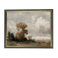 The image is a painting of a landscape with trees, clouds, and a field.