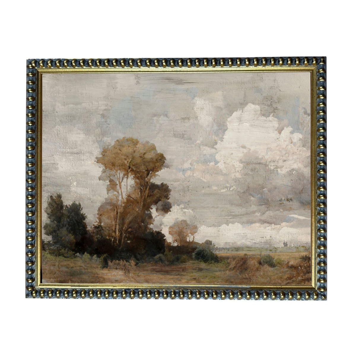 The image is a painting of a landscape with trees, clouds, and a field.