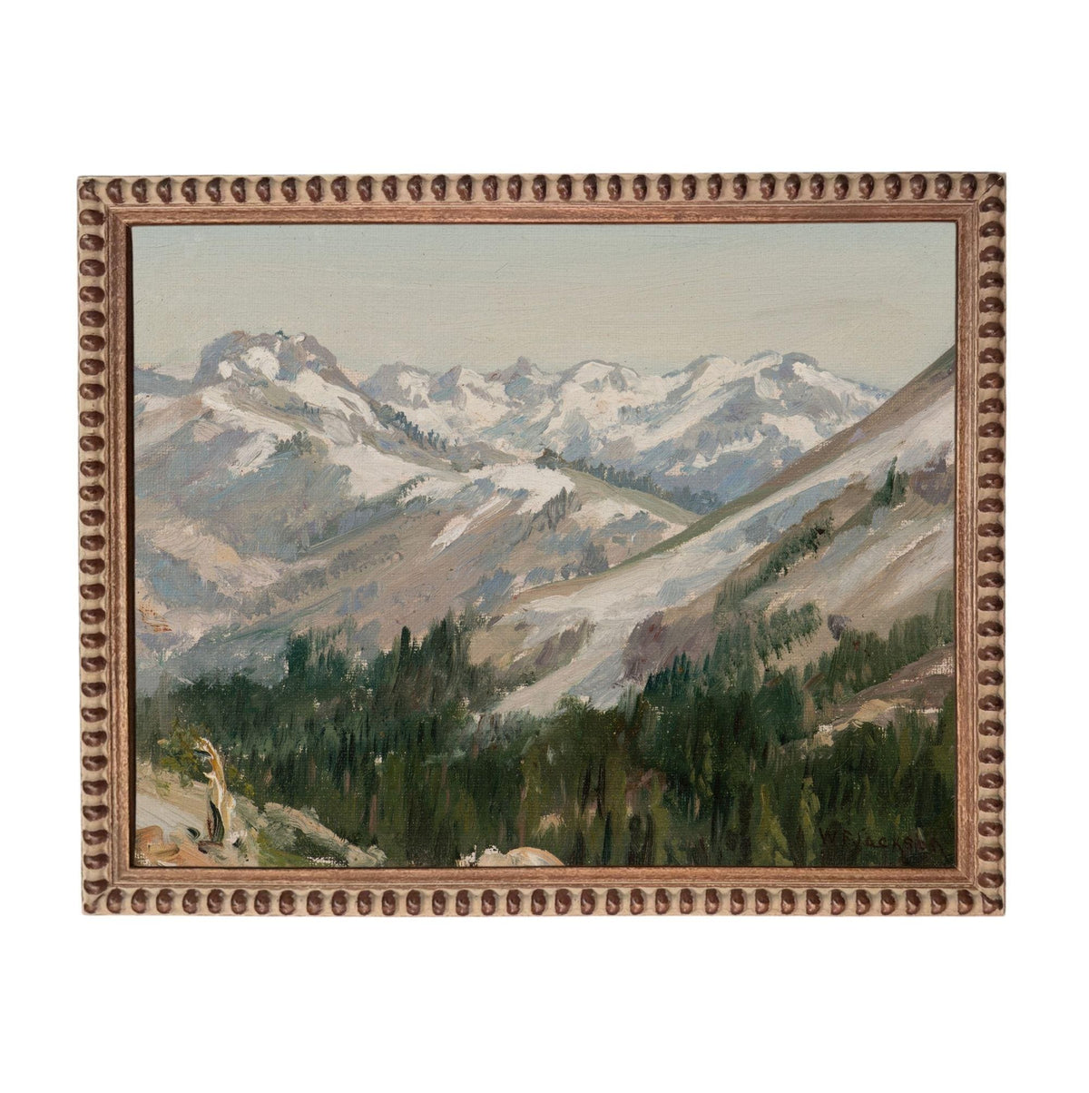 The image is a painting of a mountainous landscape with snow-capped peaks, lush forests, and a winding path leading through the scene.