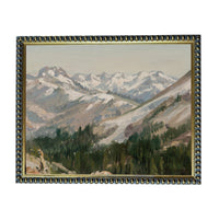 The image is a painting of a mountainous landscape with snow-capped peaks, lush forests, and a winding path through the terrain.