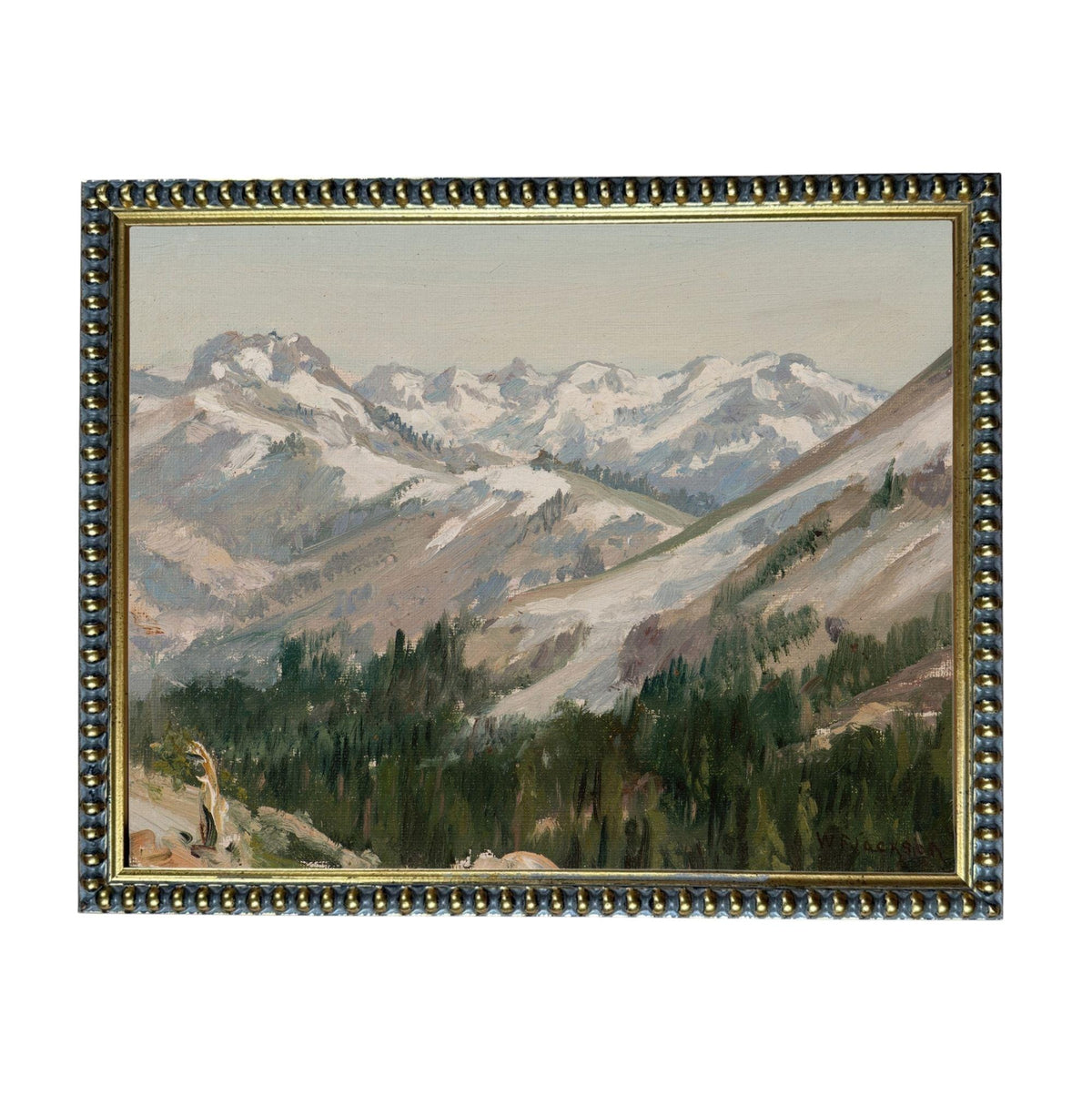 The image is a painting of a mountainous landscape with snow-capped peaks, lush forests, and a winding path through the terrain.