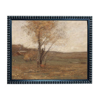 The image is a framed painting depicting a rural landscape with a large tree in the foreground and a field in the background.