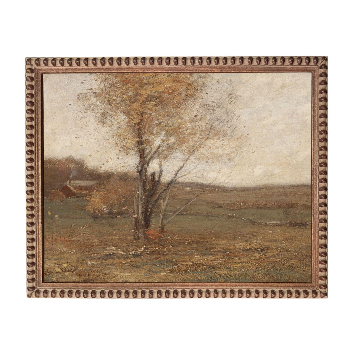 The image is a painting of a tree in a field with a house in the background.