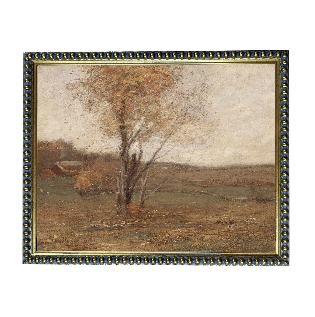 The image is a painting of a tree in a field, with a brown and green color palette.