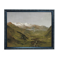 The image is a framed painting depicting a mountainous landscape with a valley in the foreground.