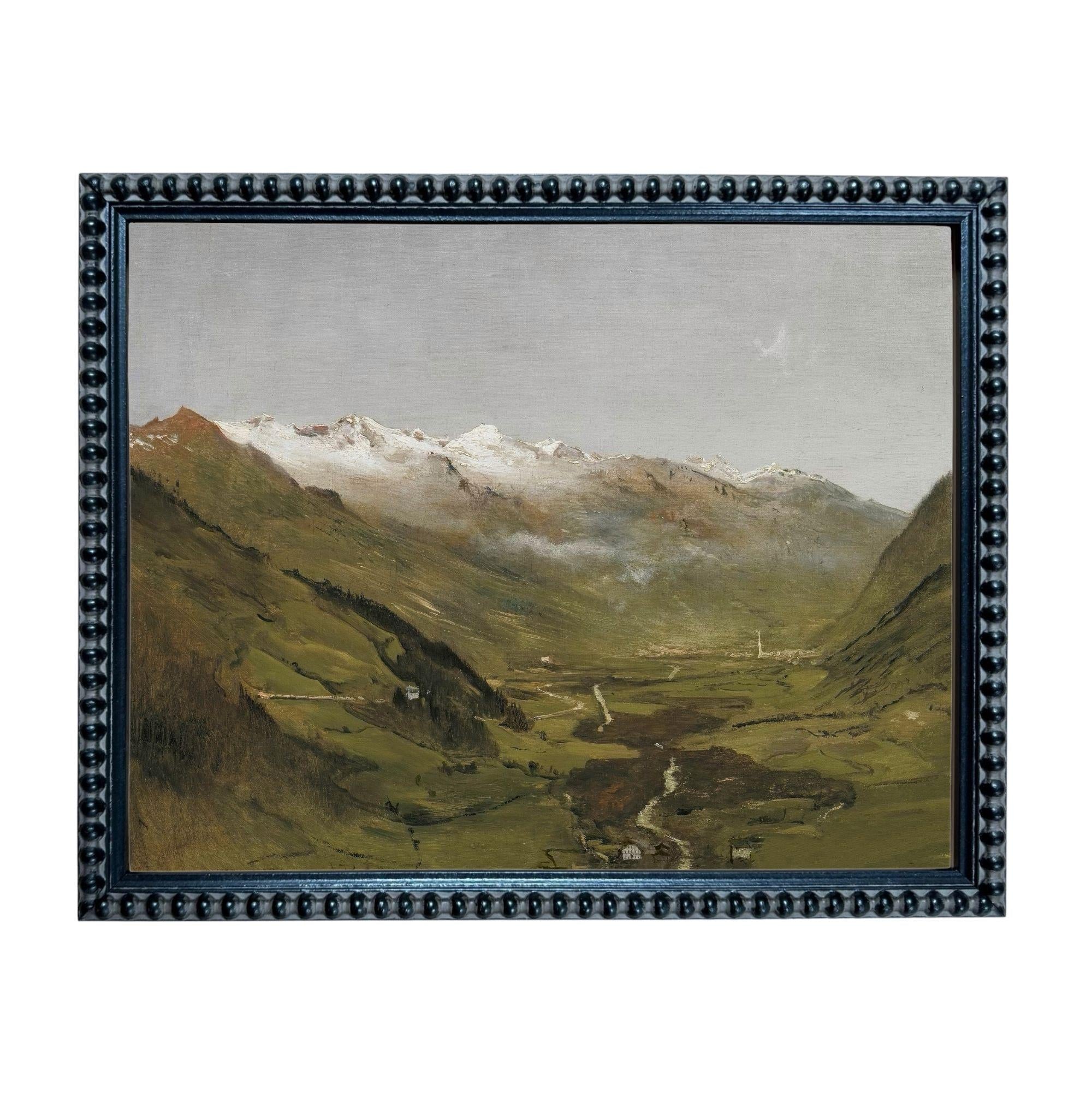 The image is a framed painting depicting a mountainous landscape with a valley in the foreground.