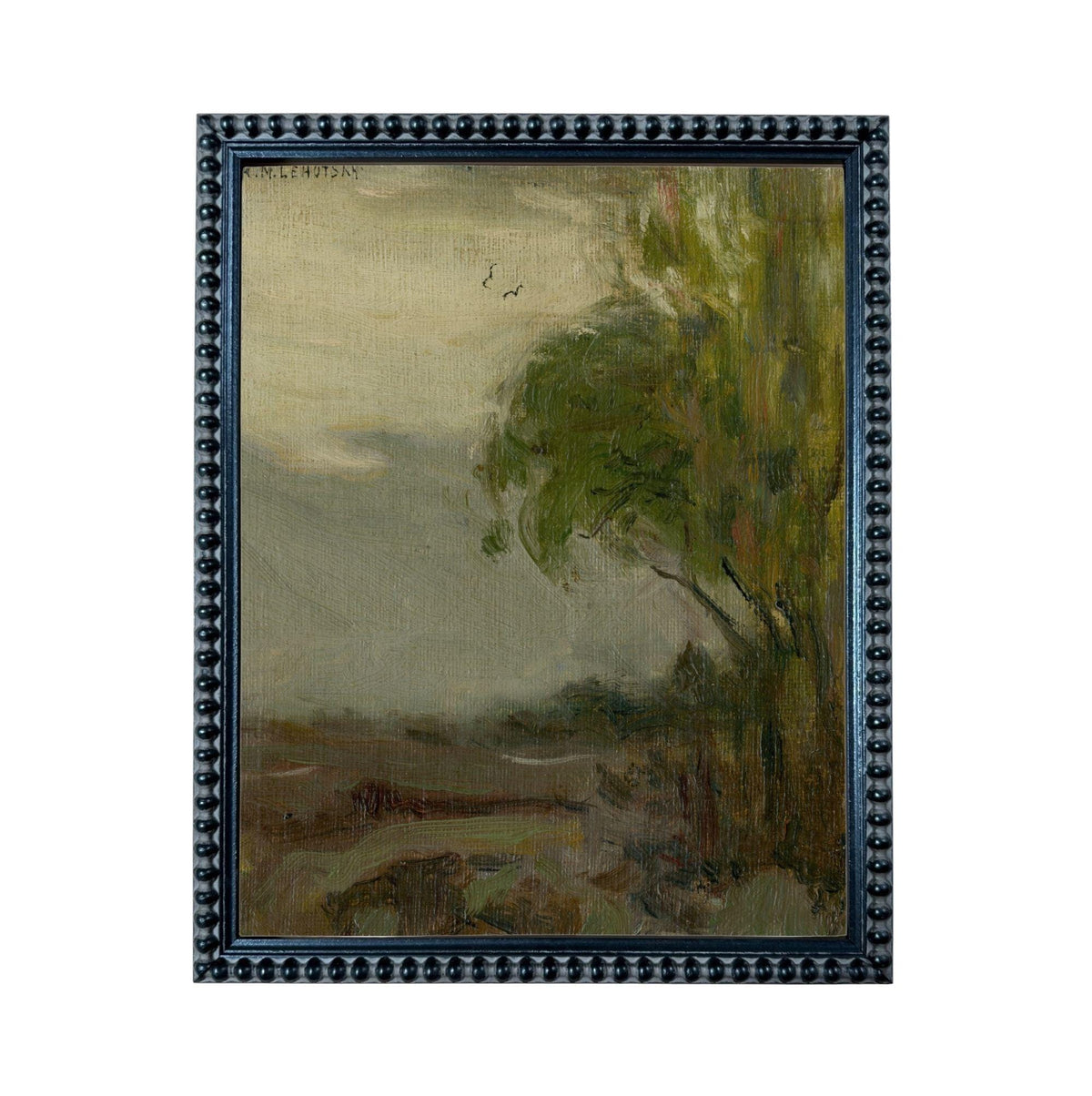 The image is an oil painting depicting a landscape with a tree in the foreground and a hazy sky in the background.