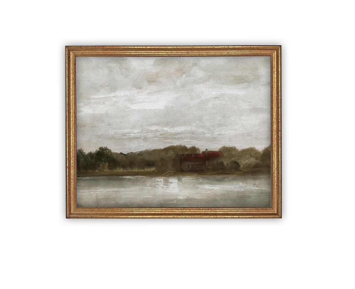 READY to SHIP 24X36 Framed Lake House Canvas Print: Vintage Farmhouse Landscape Art