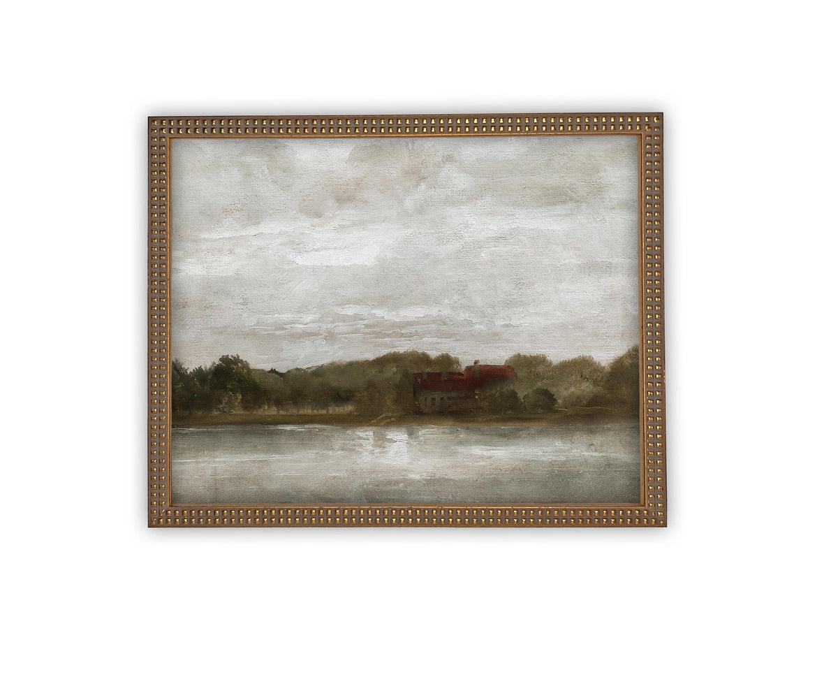 READY to SHIP 24X36 Framed Lake House Canvas Print: Vintage Farmhouse Landscape Art