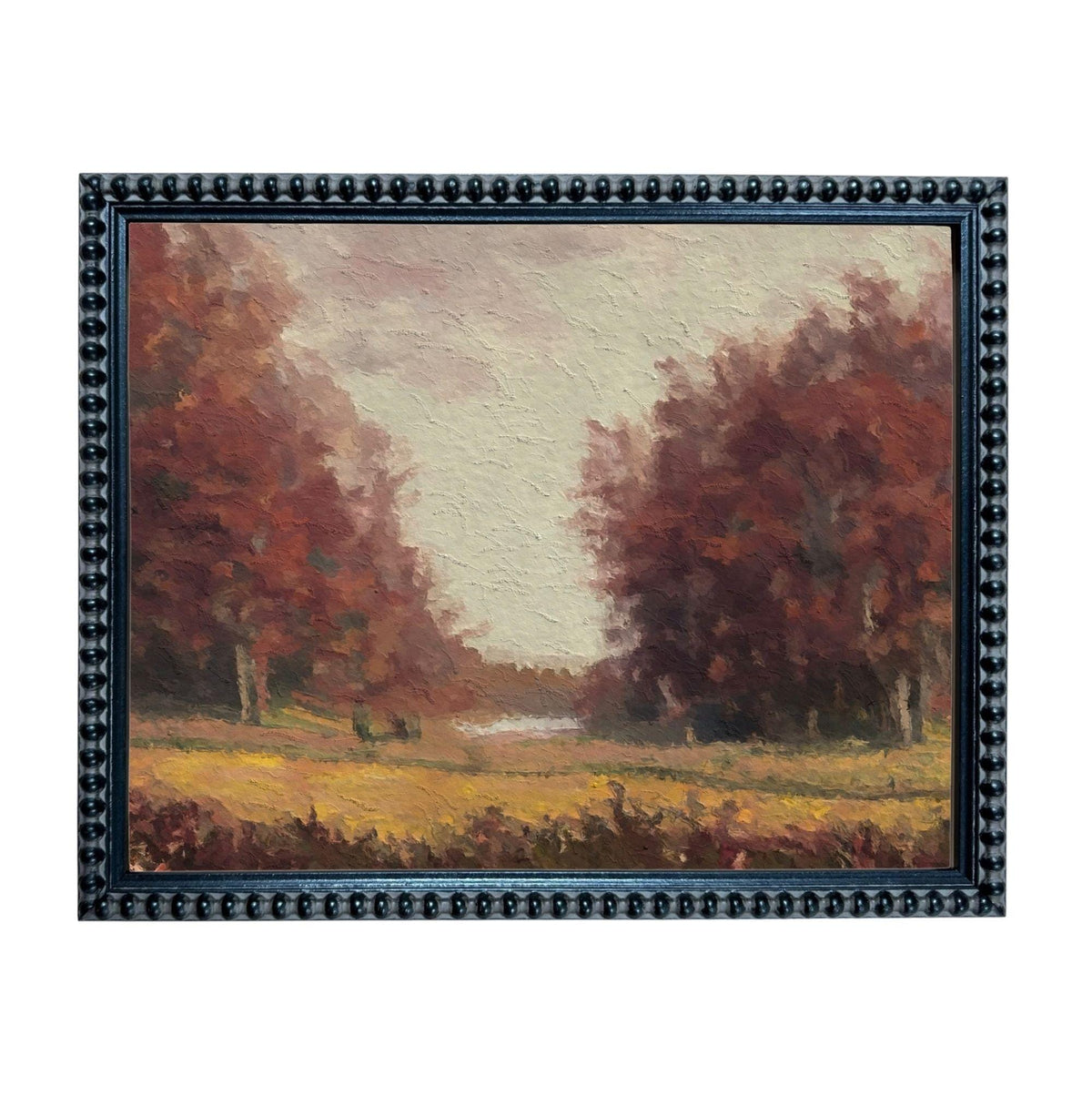 The image is a framed painting depicting a serene landscape with a field, trees, and a body of water.