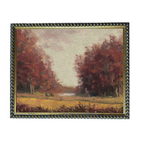 The image is an oil painting depicting a serene landscape with a field, trees, and a body of water.