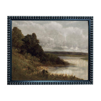 The image is a framed landscape painting depicting a serene countryside scene with a river, trees, and a cloudy sky.