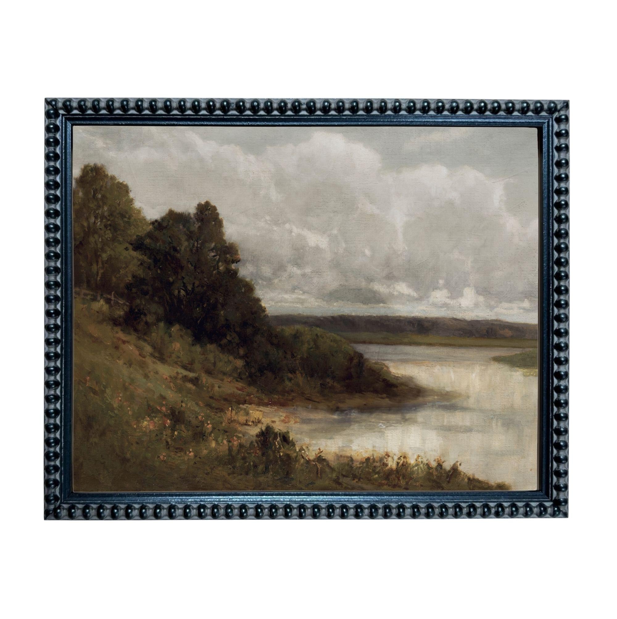 The image is a framed landscape painting depicting a serene countryside scene with a river, trees, and a cloudy sky.