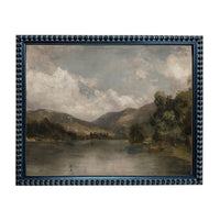 The image is a painting of a serene landscape featuring a lake surrounded by mountains and lush greenery.