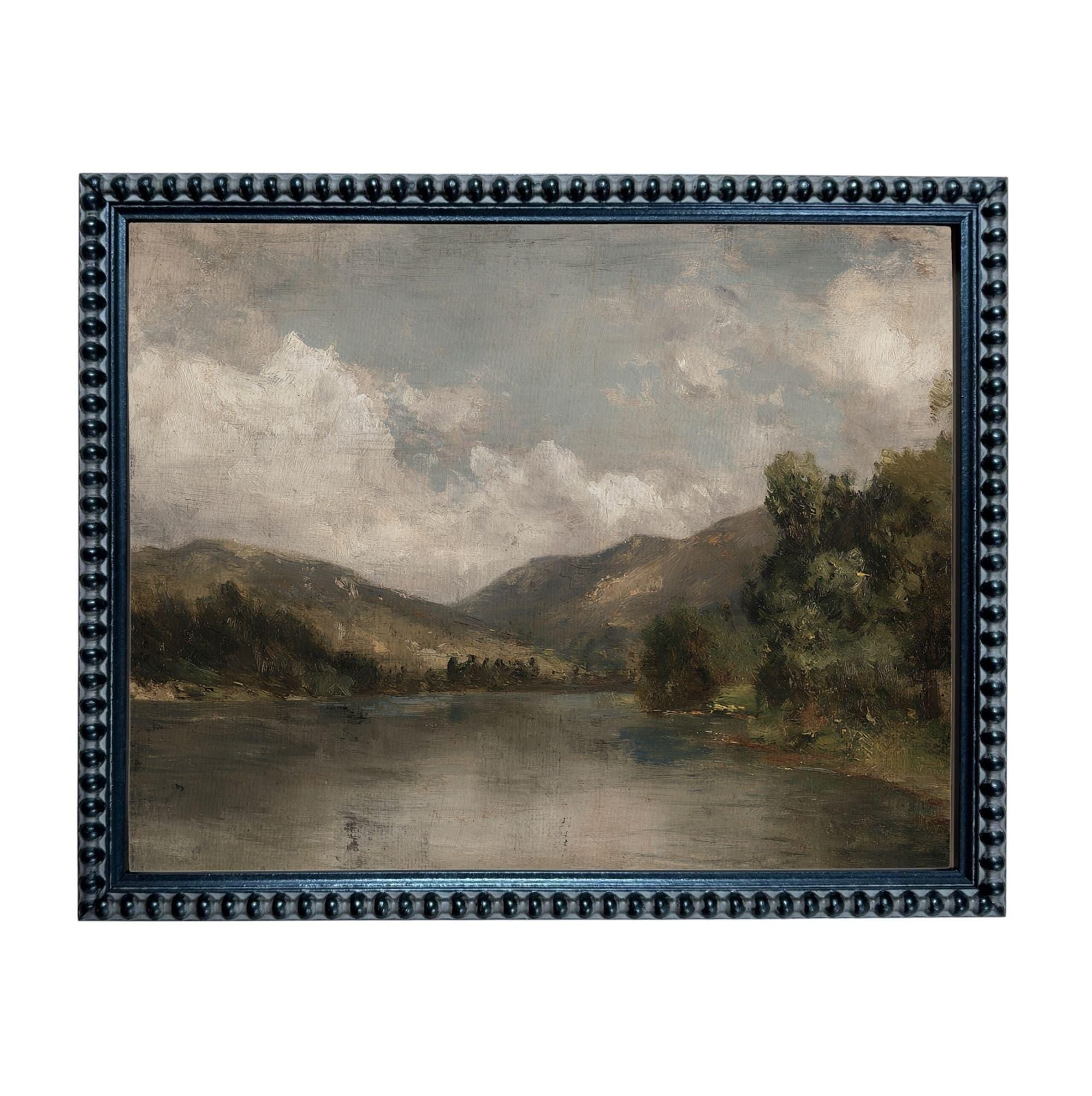 The image is a painting of a serene landscape featuring a lake surrounded by mountains and lush greenery.