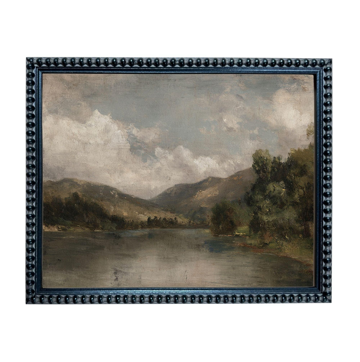 The image is a painting of a serene landscape featuring a lake surrounded by mountains and lush greenery.