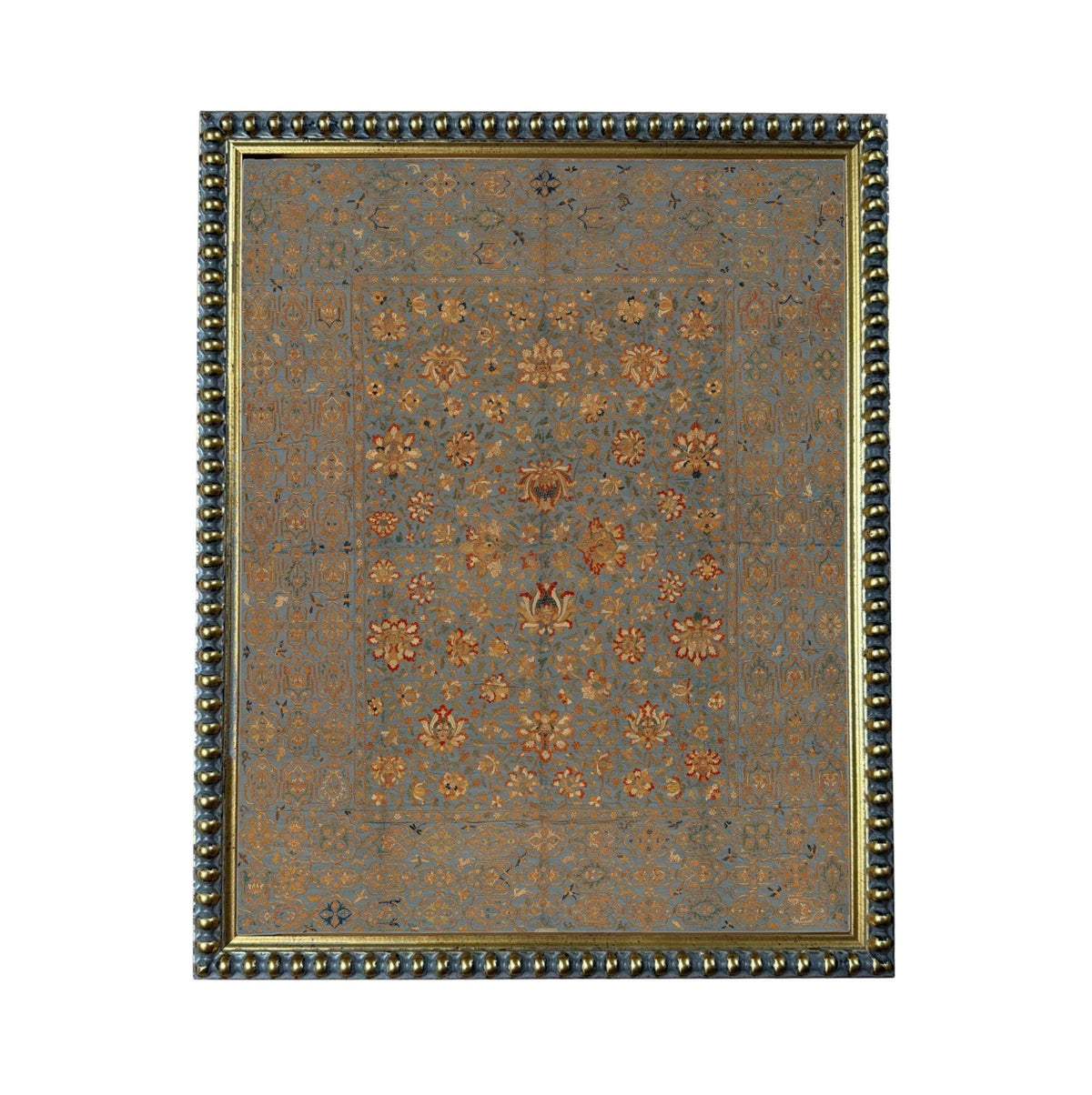 a square-shaped, ornate rug with a floral pattern. The rug is framed by a decorative border, giving it an elegant and sophisticated appearance.