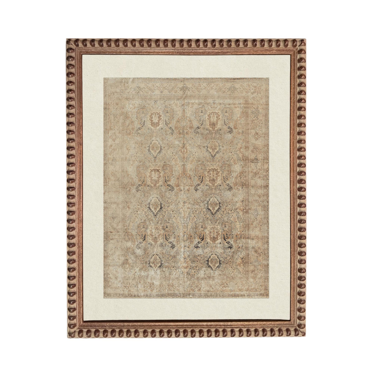 a square rug with a beige and brown color scheme, displayed in a wooden frame with a decorative border.