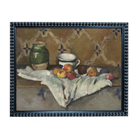 The image is a framed painting depicting a still life arrangement of a green vase, a white cup, and various fruits such as apples and oranges, all placed on a table.