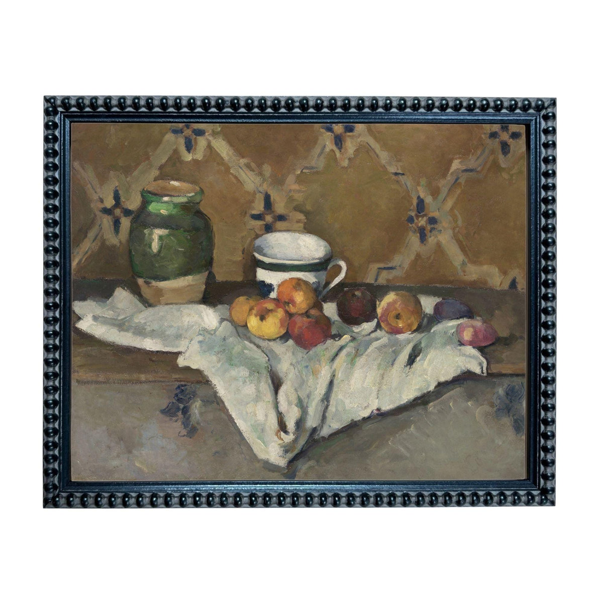 The image is a framed painting depicting a still life arrangement of a green vase, a white cup, and various fruits such as apples and oranges, all placed on a table.