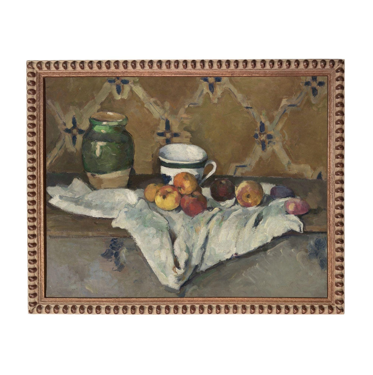 The image is an oil painting depicting a still life arrangement of a green vase, a white cup, and various fruits such as apples and peaches, all placed on a table covered with a white cloth.