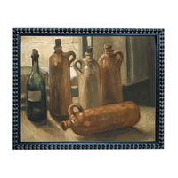 The image is a painting of several old, brown bottles arranged on a table, with a dark frame surrounding the artwork.