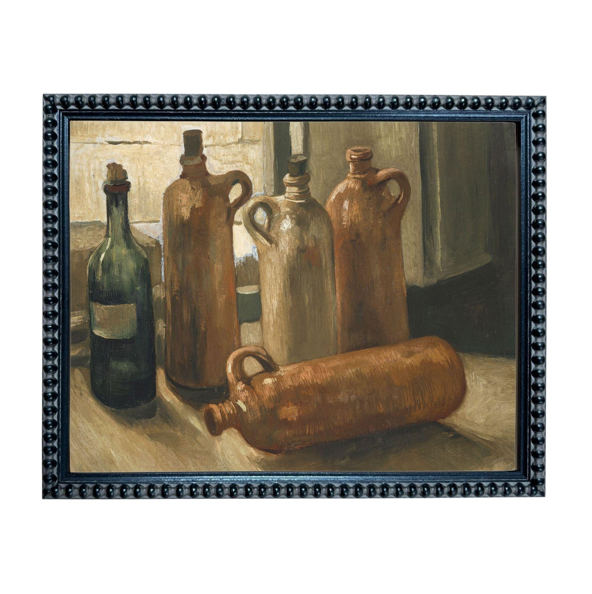 The image is a painting of several old, brown bottles arranged on a table, with a dark frame surrounding the artwork.