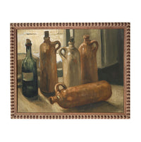 The image is an oil painting depicting a collection of five large, brown vases arranged on a table.