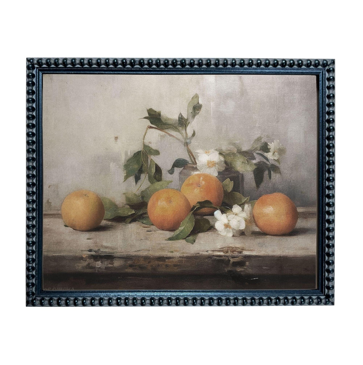 A framed painting depicting a still life arrangement of oranges and flowers on a wooden surface.