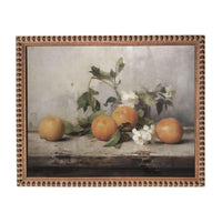 A still life painting featuring four oranges and some flowers arranged on a wooden surface.