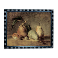 A framed still life painting depicting a variety of fruits, including pears and apples, arranged on a surface.