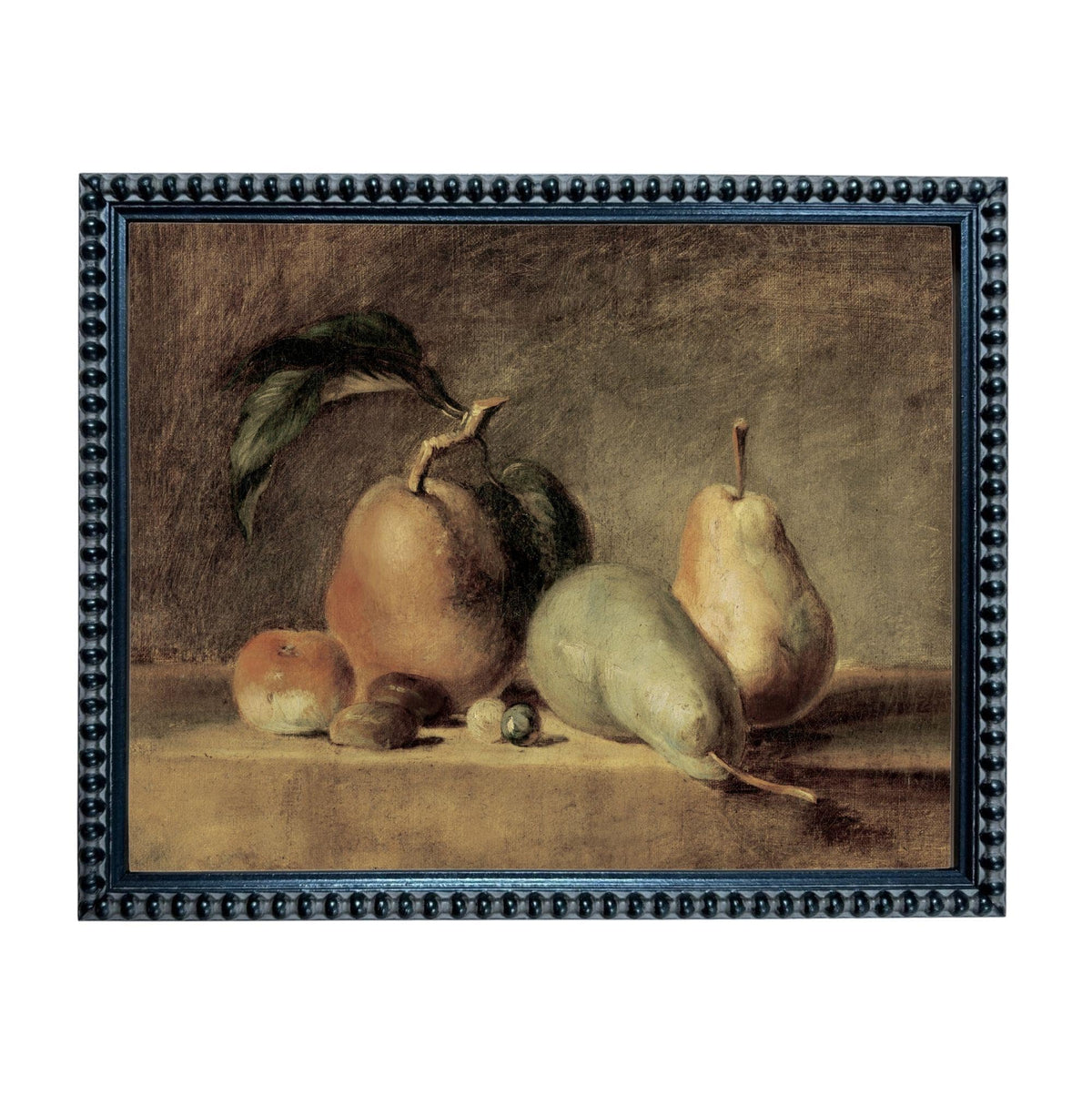 A framed still life painting depicting a variety of fruits, including pears and apples, arranged on a surface.