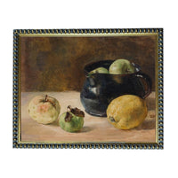 The image is a still life painting featuring a black pitcher, three apples, and a lemon on a table.