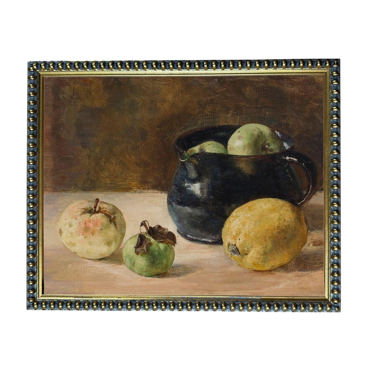 The image is a still life painting featuring a black pitcher, three apples, and a lemon on a table.