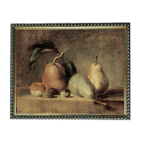 The image is a painting of various fruits, including pears and apples, arranged on a surface.