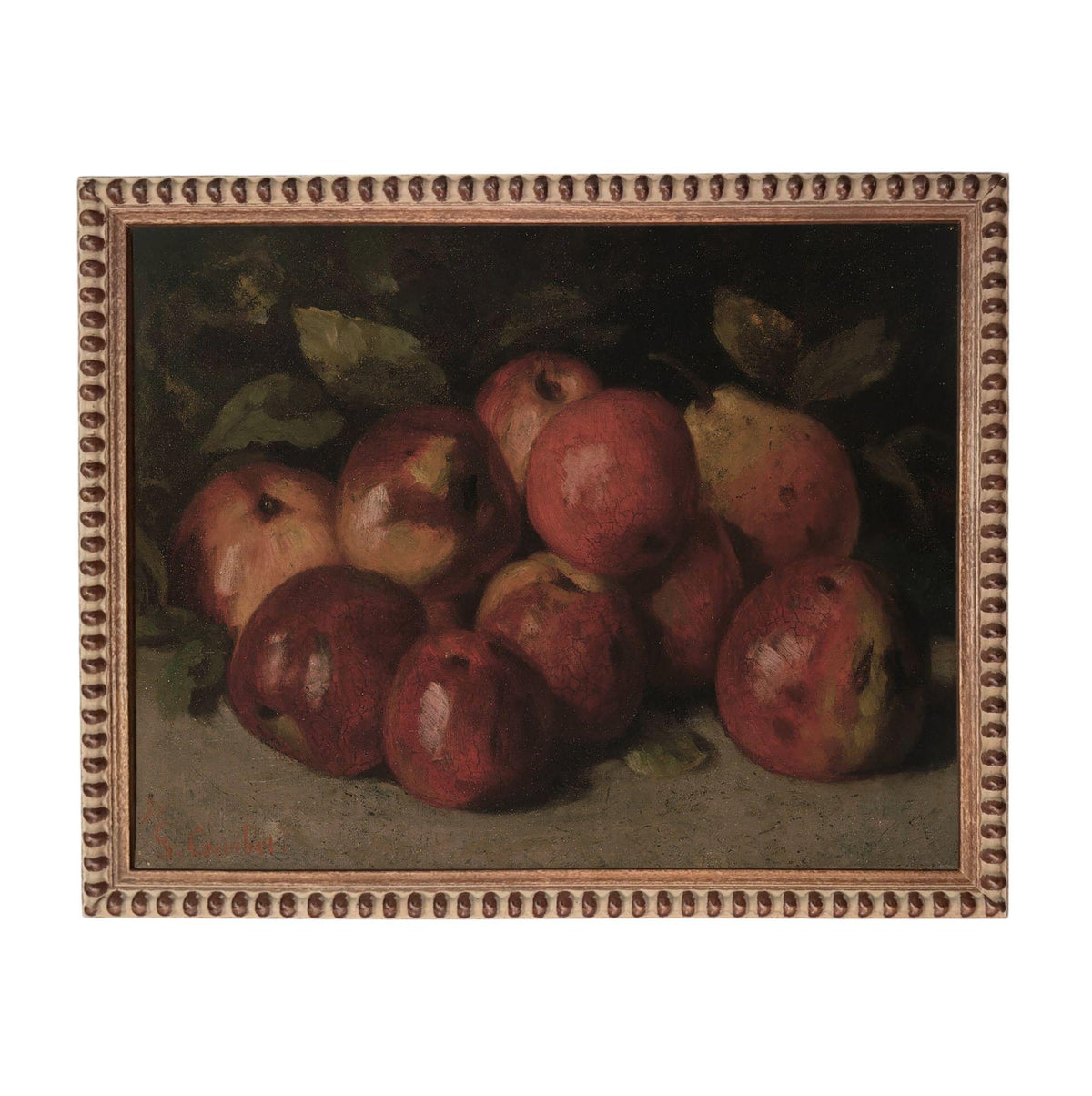 The image is a painting of a bunch of apples and pears, arranged in a still life composition.