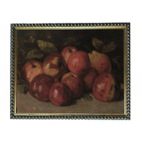 The image is a painting of a bunch of apples and pears, arranged in a still life composition.
