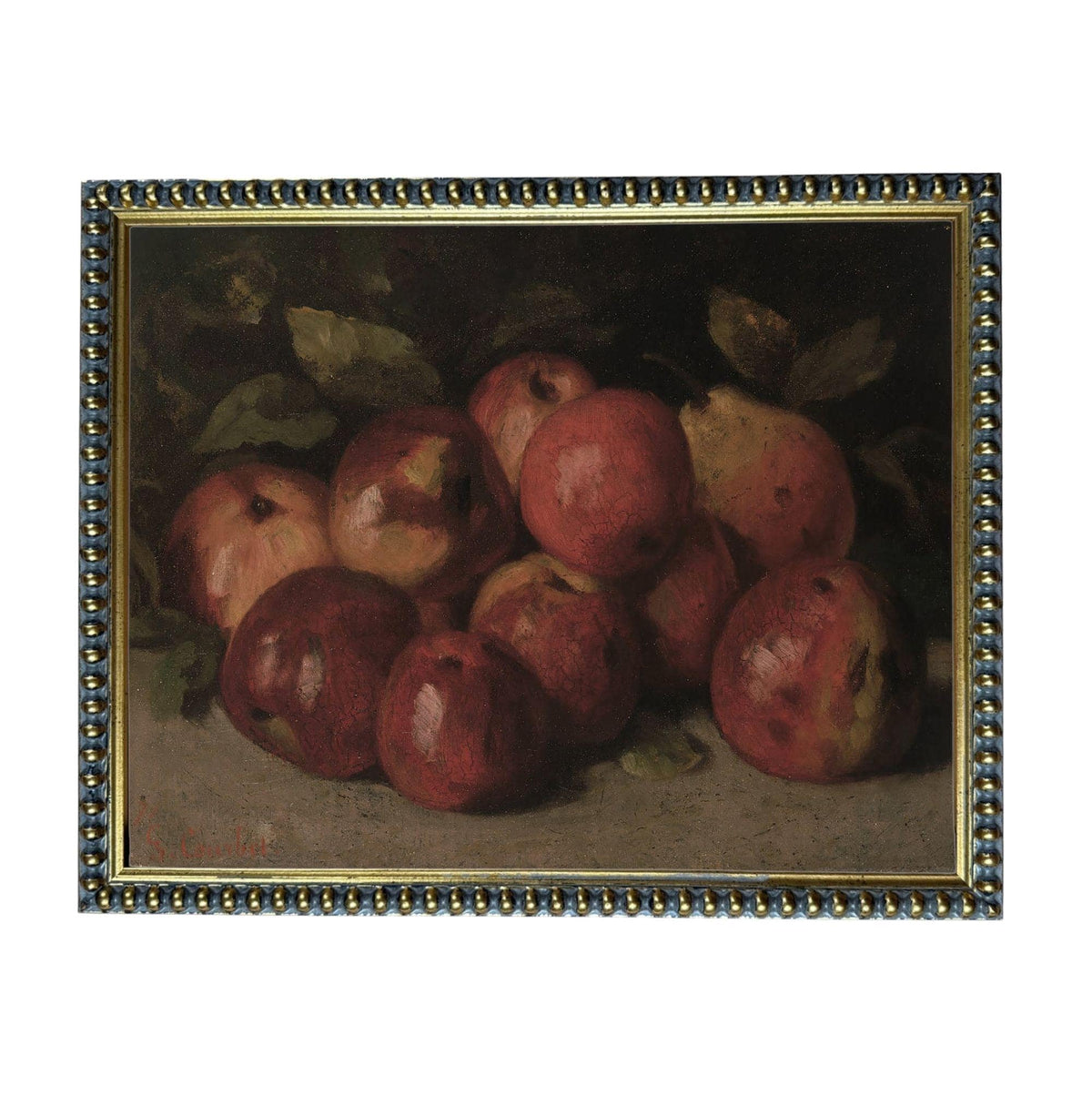 The image is a painting of a bunch of apples and pears, arranged in a still life composition.
