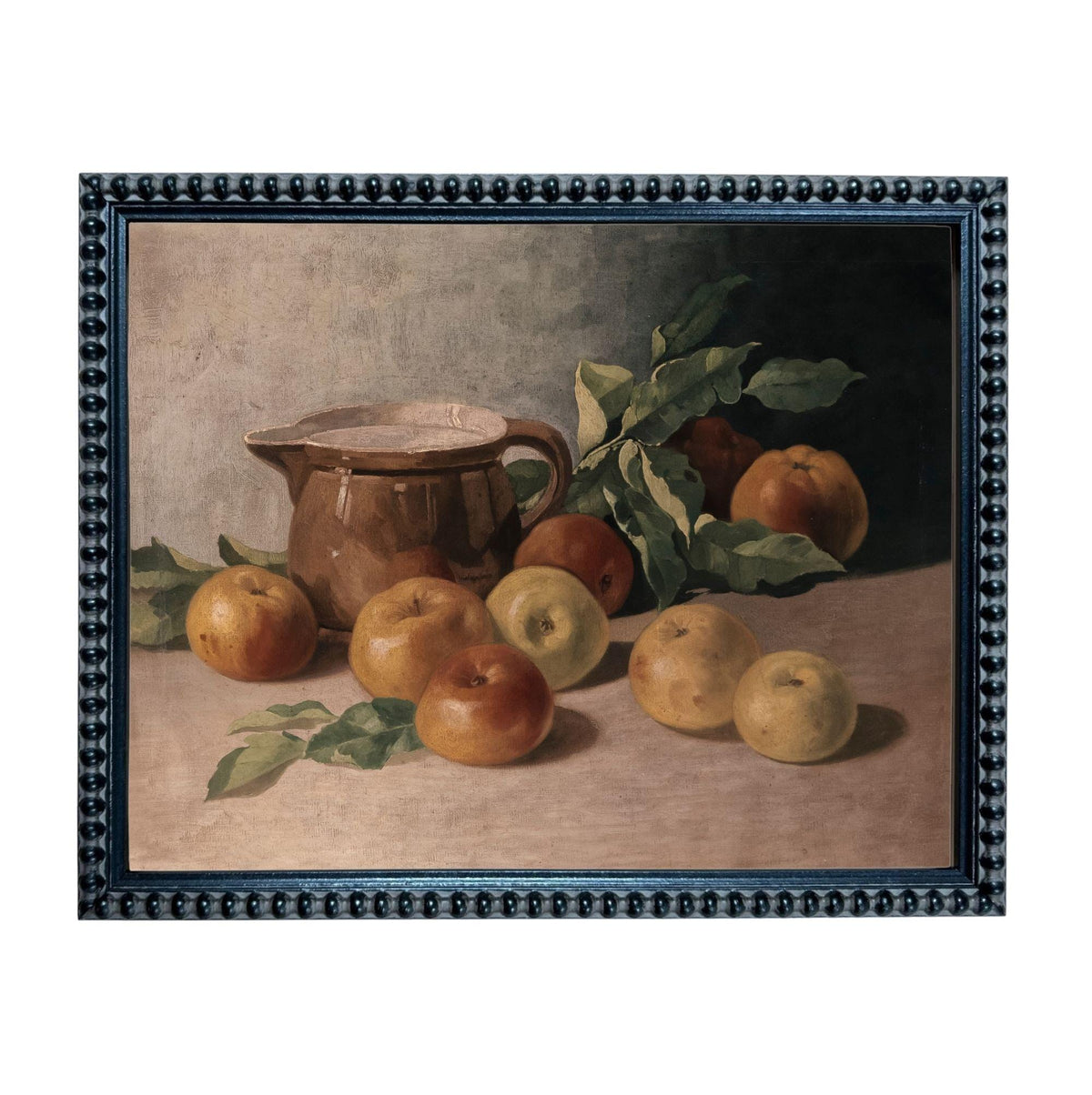 The image is a still life painting featuring a brown pitcher, several apples, and leaves on a table.